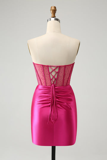 Glitrende Fuchsia Stram Beaded Korsett Stroppeløs Homecoming Kjole